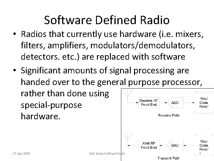 Software Defined Radio • Radios that currently use hardware (i. e. mixers, filters, amplifiers,