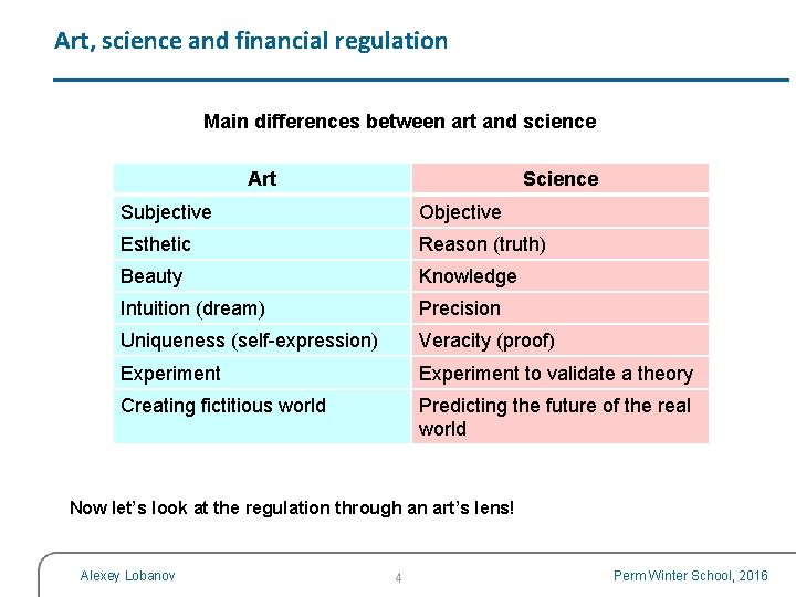 Art, science and financial regulation Main differences between art and science Art Science Subjective