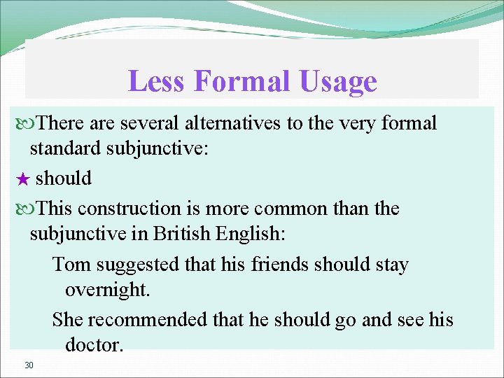 Less Formal Usage There are several alternatives to the very formal standard subjunctive: ★