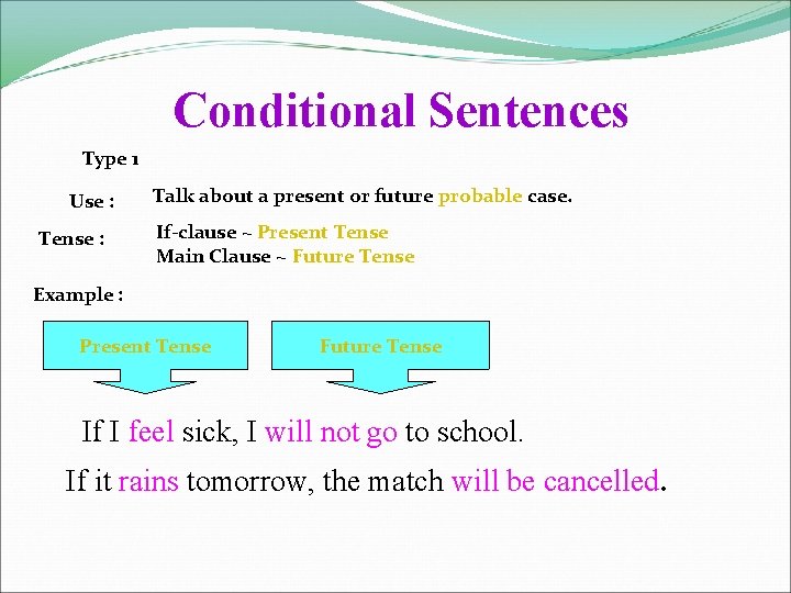 Conditional Sentences Type 1 Use : Tense : Talk about a present or future