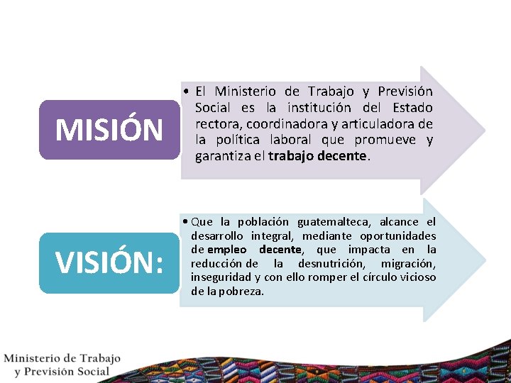 MISIÓN • El Ministerio de Trabajo y Previsión Social es la institución del Estado