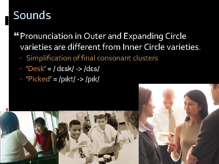 Sounds Pronunciation in Outer and Expanding Circle varieties are different from Inner Circle varieties.