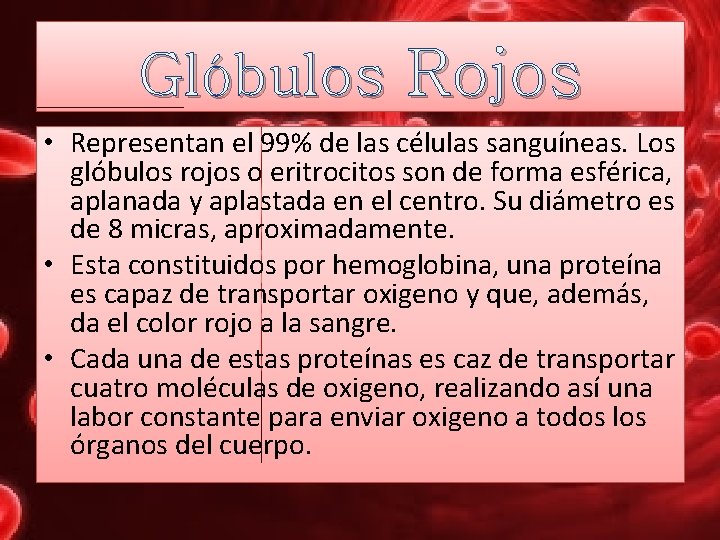 Glóbulos Rojos • Representan el 99% de las células sanguíneas. Los glóbulos rojos o