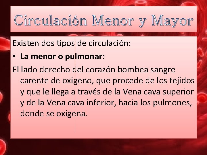 Circulación Menor y Mayor Existen dos tipos de circulación: • La menor o pulmonar: