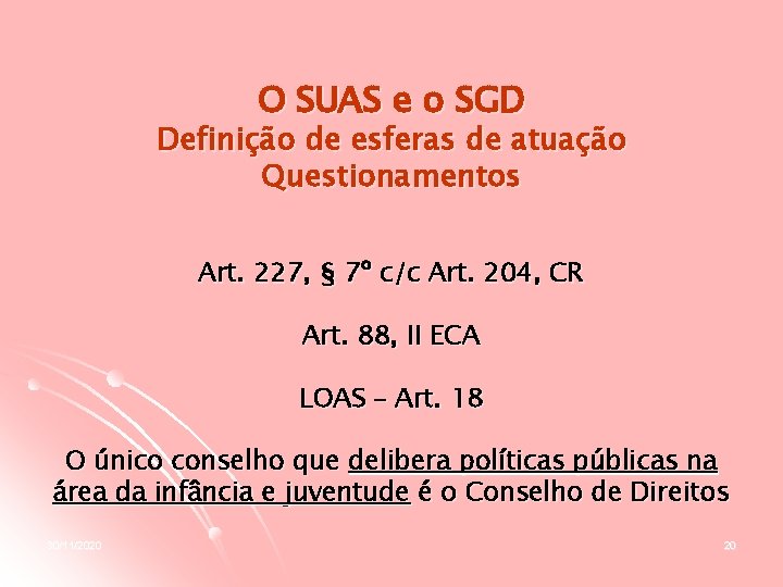 O SUAS e o SGD Definição de esferas de atuação Questionamentos Art. 227, §