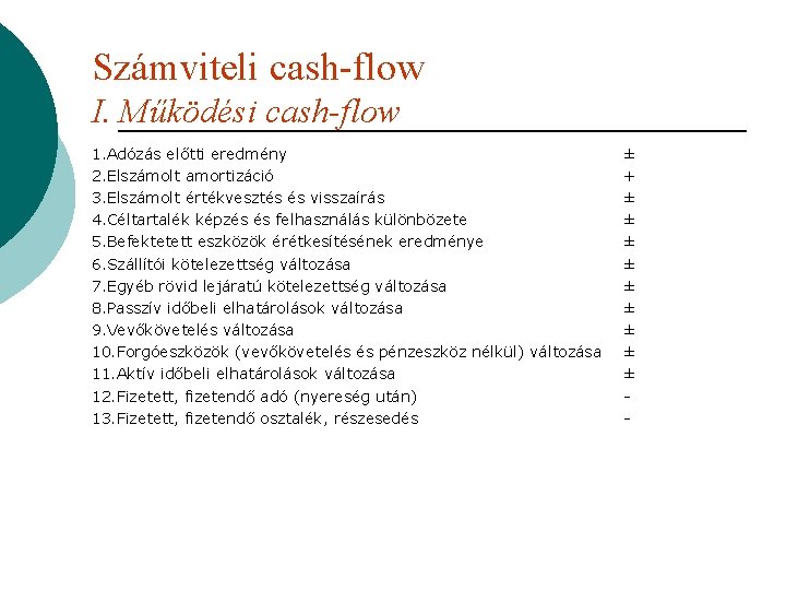 Számviteli cash-flow I. Működési cash-flow 1. Adózás előtti eredmény 2. Elszámolt amortizáció 3. Elszámolt