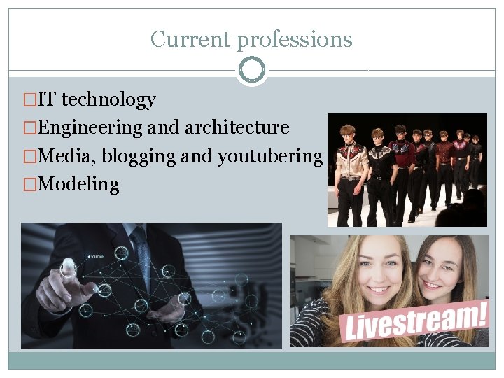 Current professions �IT technology �Engineering and architecture �Media, blogging and youtubering �Modeling 