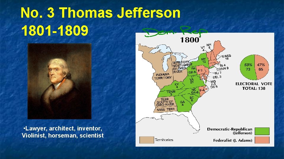 No. 3 Thomas Jefferson 1801 -1809 • Lawyer, architect, inventor, Violinist, horseman, scientist 