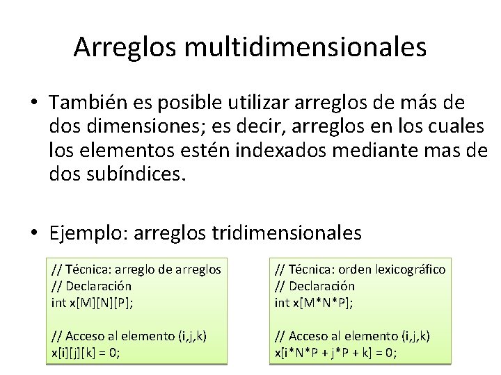 Arreglos multidimensionales • También es posible utilizar arreglos de más de dos dimensiones; es