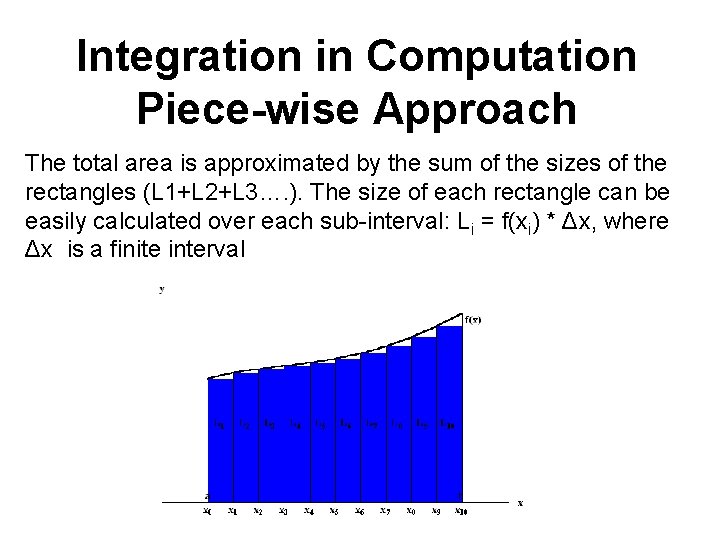 Integration in Computation Piece-wise Approach The total area is approximated by the sum of