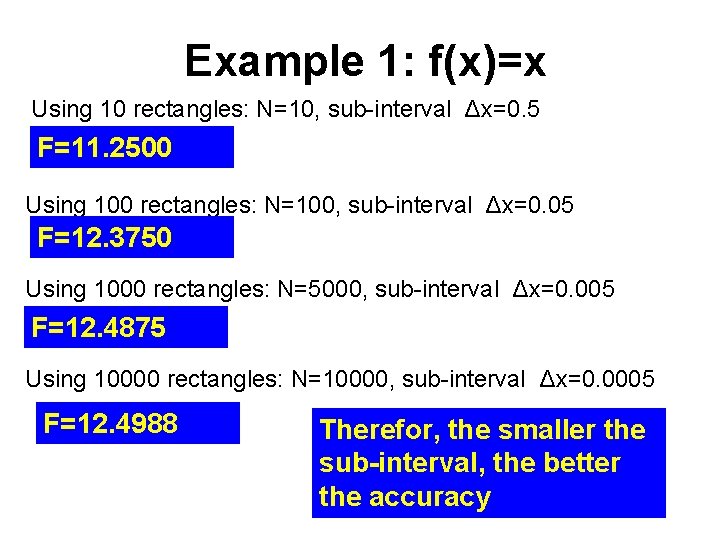 Example 1: f(x)=x Using 10 rectangles: N=10, sub-interval Δx=0. 5 F=11. 2500 Using 100