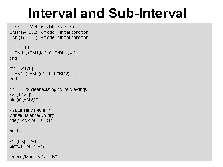 Interval and Sub-Interval clear %clear existing variables BM 1(1)=1000; %model 1 initial condition BM