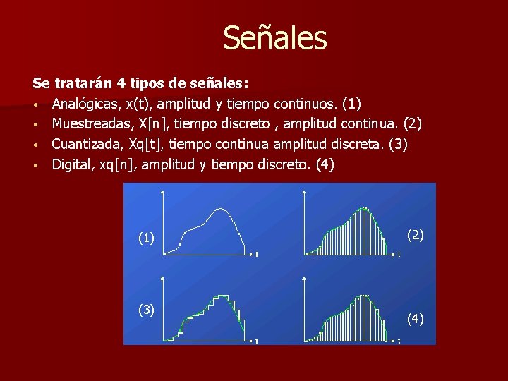 Señales Se tratarán 4 tipos de señales: • Analógicas, x(t), amplitud y tiempo continuos.