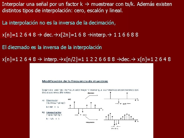 Interpolar una señal por un factor k muestrear con ts/k. Además existen distintos tipos