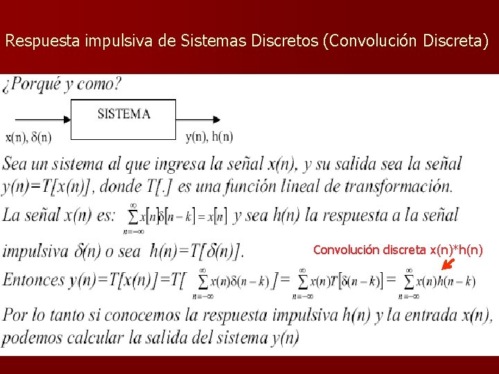 Respuesta impulsiva de Sistemas Discretos (Convolución Discreta) Convolución discreta x(n)*h(n) 