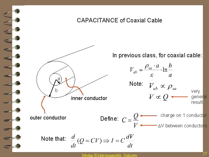 CAPACITANCE of Coaxial Cable In previous class, for coaxial cable: a Note: b inner