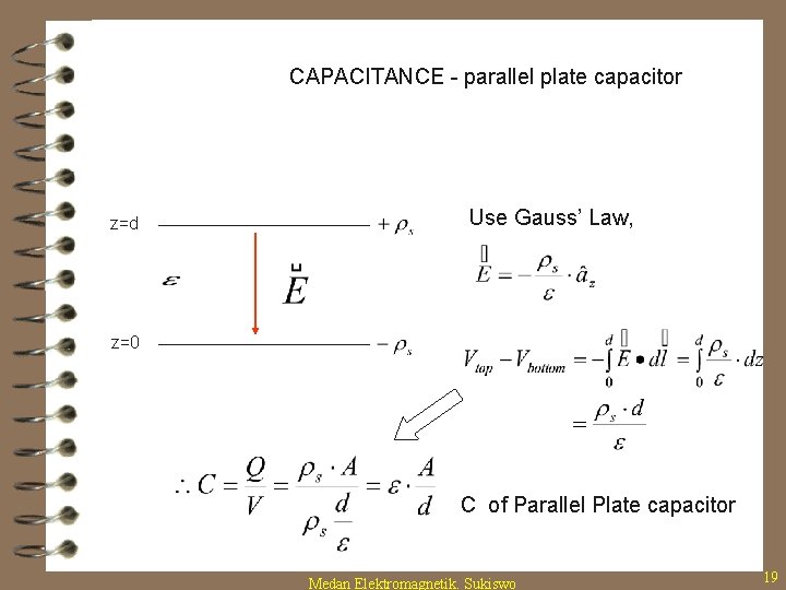 CAPACITANCE - parallel plate capacitor z=d Use Gauss’ Law, z=0 C of Parallel Plate