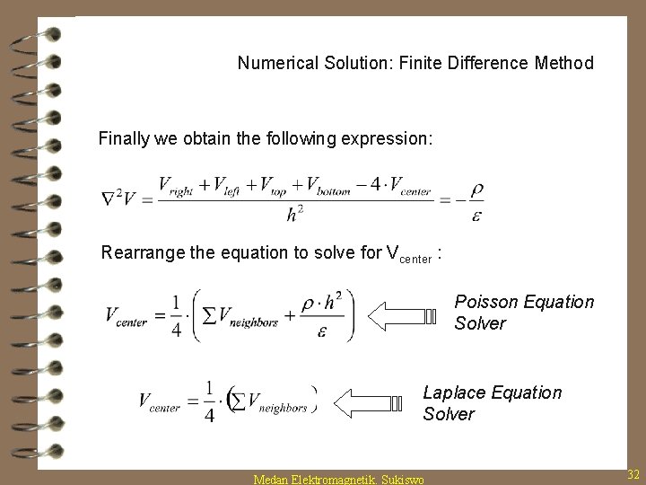Numerical Solution: Finite Difference Method Finally we obtain the following expression: Rearrange the equation
