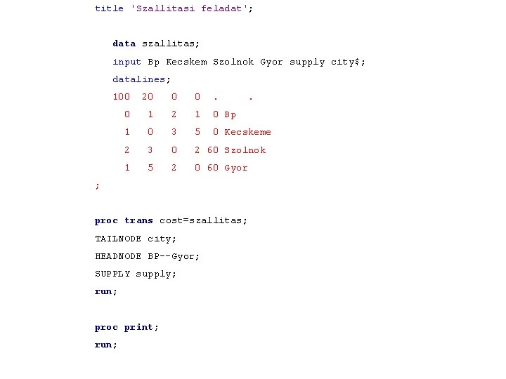 title 'Szallitasi feladat'; data szallitas; input Bp Kecskem Szolnok Gyor supply city$; datalines; 100