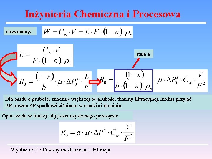 Inżynieria Chemiczna i Procesowa otrzymamy: stała a Dla osadu o grubości znacznie większej od