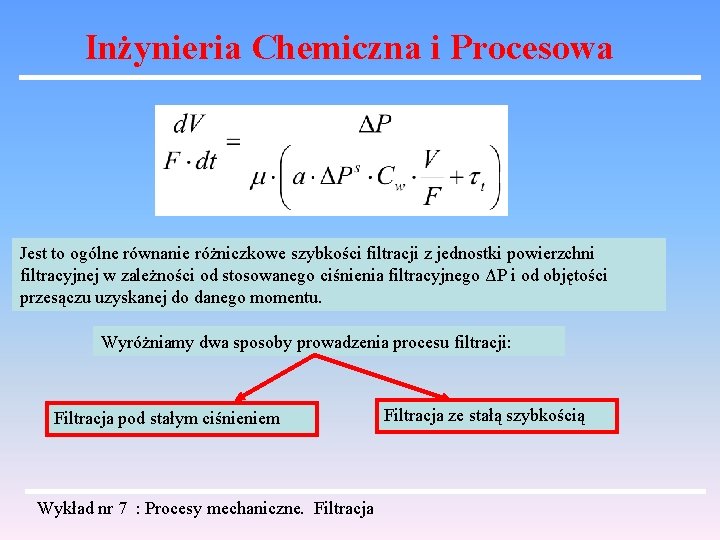 Inżynieria Chemiczna i Procesowa Jest to ogólne równanie różniczkowe szybkości filtracji z jednostki powierzchni