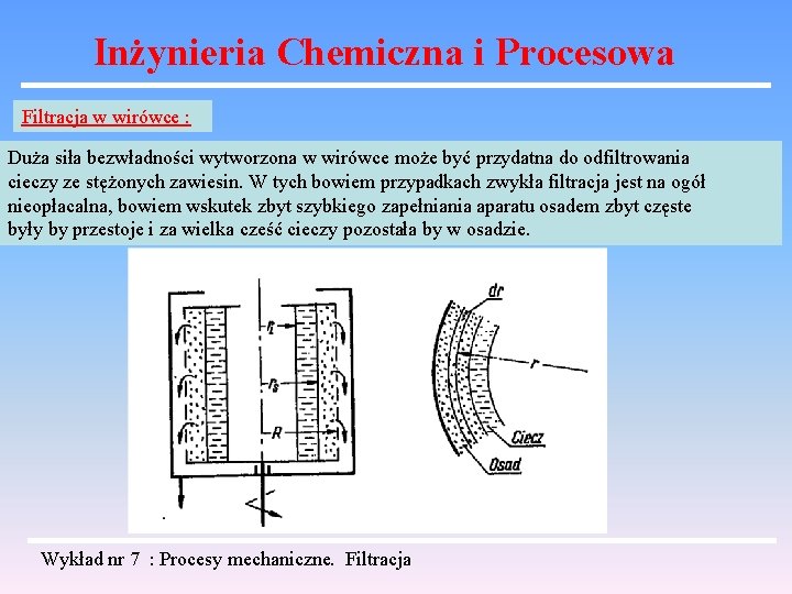 Inżynieria Chemiczna i Procesowa Filtracja w wirówce : Duża siła bezwładności wytworzona w wirówce