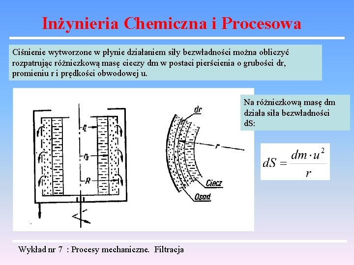 Inżynieria Chemiczna i Procesowa Ciśnienie wytworzone w płynie działaniem siły bezwładności można obliczyć rozpatrując