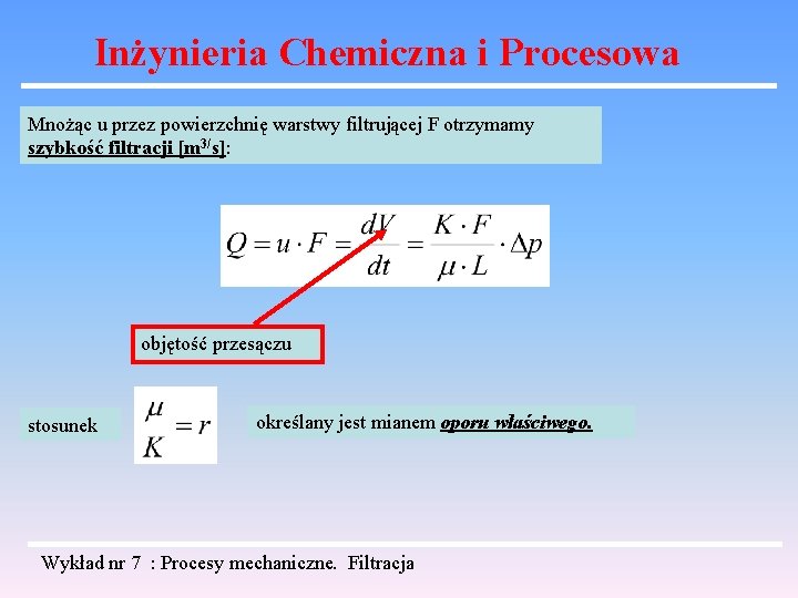 Inżynieria Chemiczna i Procesowa Mnożąc u przez powierzchnię warstwy filtrującej F otrzymamy szybkość filtracji Inżynieria Chemiczna i Procesowa Mnożąc u przez powierzchnię warstwy filtrującej F otrzymamy szybkość filtracji