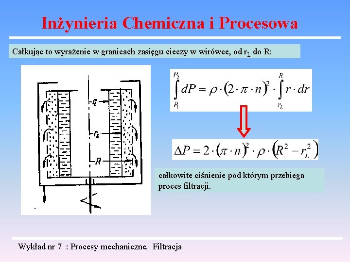 Inżynieria Chemiczna i Procesowa Całkując to wyrażenie w granicach zasięgu cieczy w wirówce, od