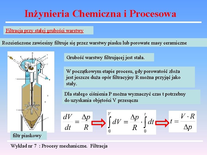 Inżynieria Chemiczna i Procesowa Filtracja przy stałej grubości warstwy Rozcieńczone zawiesiny filtruje się przez