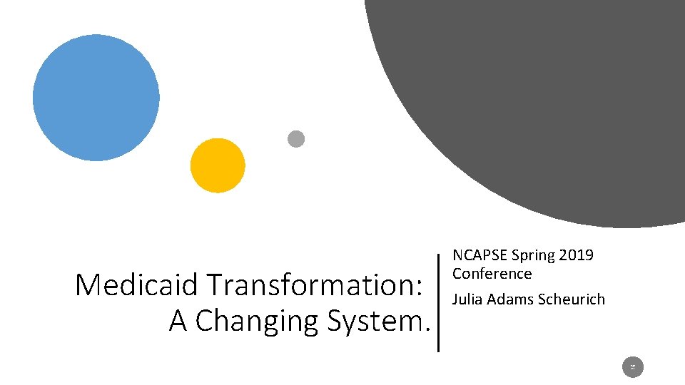 Medicaid Transformation: A Changing System. NCAPSE Spring 2019 Conference Julia Adams Scheurich Pag e
