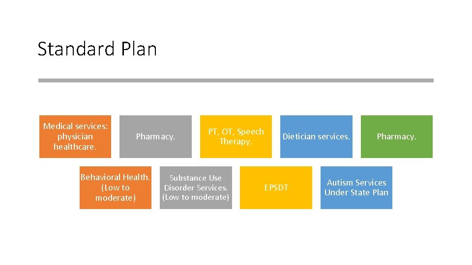 Standard Plan Medical services: physician healthcare. Pharmacy. Behavioral Health. (Low to moderate) PT, OT,