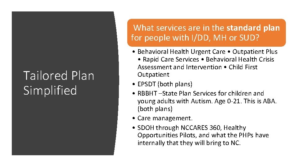 What services are in the standard plan for people with I/DD, MH or SUD?