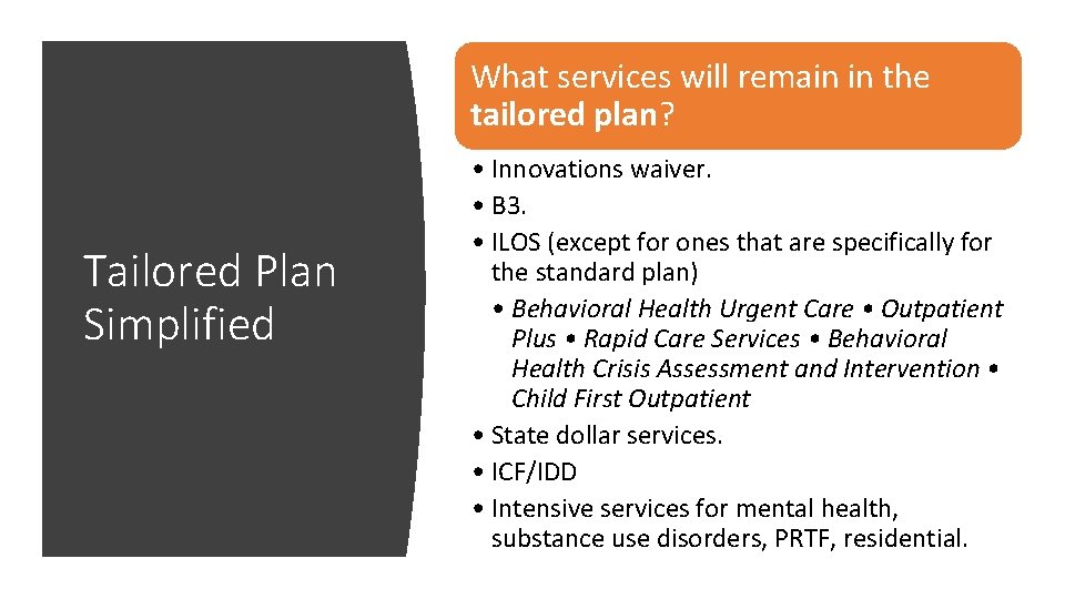 What services will remain in the tailored plan? Tailored Plan Simplified • Innovations waiver.