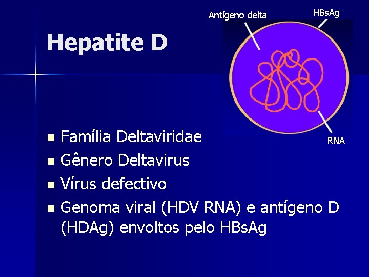 Antígeno delta HBs. Ag Hepatite D Família Deltaviridae RNA n Gênero Deltavirus n Vírus
