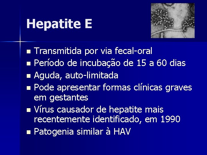 Hepatite E Transmitida por via fecal-oral n Período de incubação de 15 a 60
