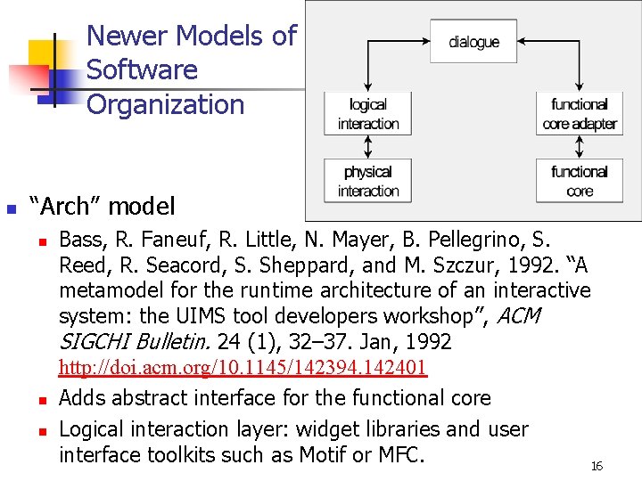 Newer Models of Software Organization n “Arch” model n n n Bass, R. Faneuf,