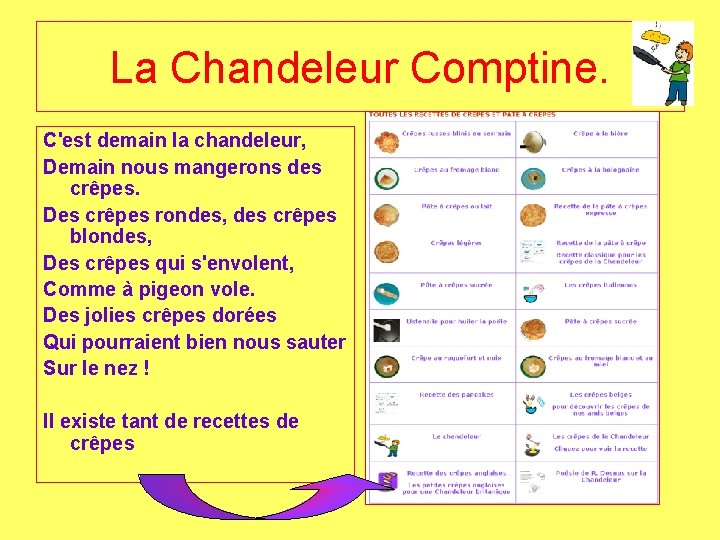 La Chandeleur Comptine. C'est demain la chandeleur, Demain nous mangerons des crêpes. Des crêpes