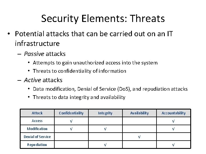 Security Elements: Threats • Potential attacks that can be carried out on an IT