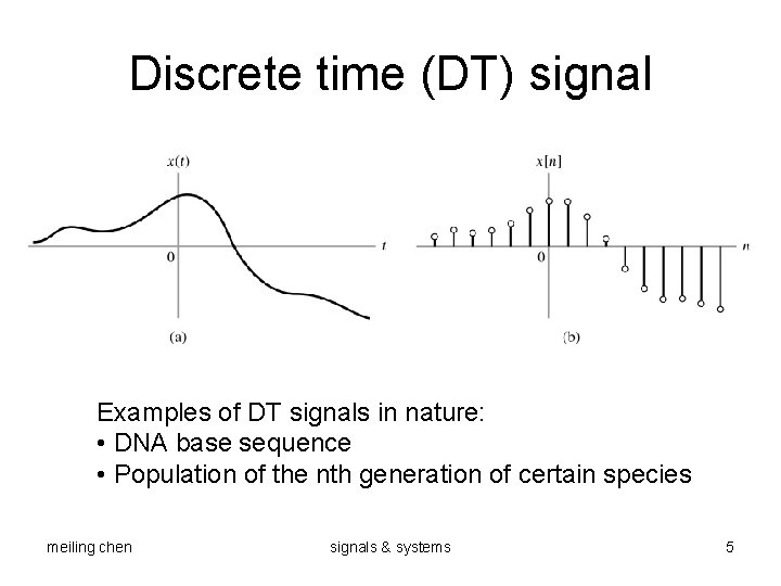 Discrete time (DT) signal Examples of DT signals in nature: • DNA base sequence