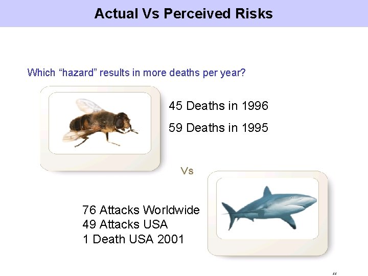 Actual Vs Perceived Risks Which “hazard” results in more deaths per year? 45 Deaths