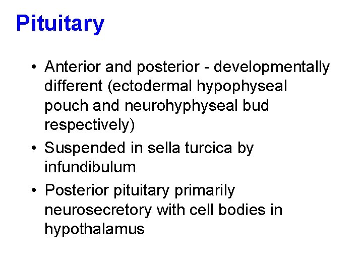 Pituitary • Anterior and posterior - developmentally different (ectodermal hypophyseal pouch and neurohyphyseal bud