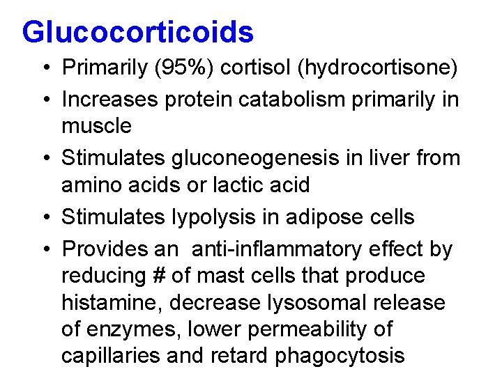 Glucocorticoids • Primarily (95%) cortisol (hydrocortisone) • Increases protein catabolism primarily in muscle •