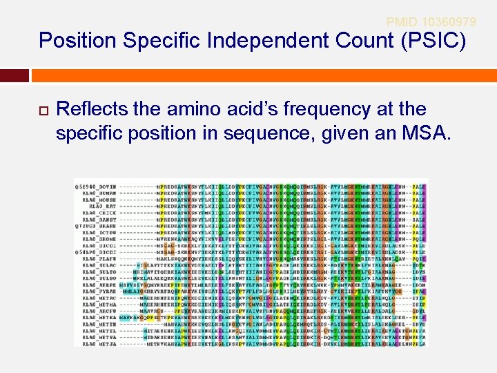 PMID 10360979 Position Specific Independent Count (PSIC) Reflects the amino acid’s frequency at the PMID 10360979 Position Specific Independent Count (PSIC) Reflects the amino acid’s frequency at the