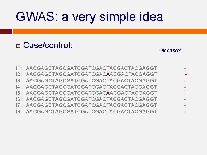 GWAS: a very simple idea I 1: I 2: I 3: I 4: I GWAS: a very simple idea I 1: I 2: I 3: I 4: I