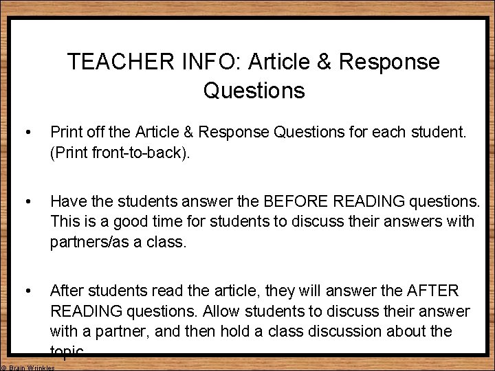 TEACHER INFO: Article & Response Questions • Print off the Article & Response Questions