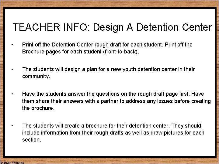 TEACHER INFO: Design A Detention Center • Print off the Detention Center rough draft