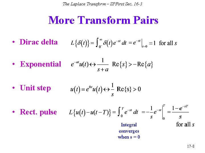 The Laplace Transform – SPFirst Sec. 16 -3 More Transform Pairs • Dirac delta