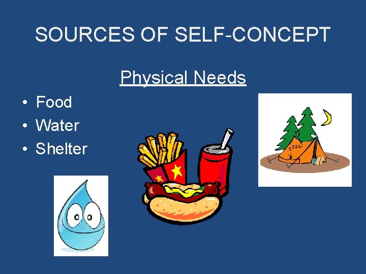 SOURCES OF SELF-CONCEPT Physical Needs • Food • Water • Shelter 