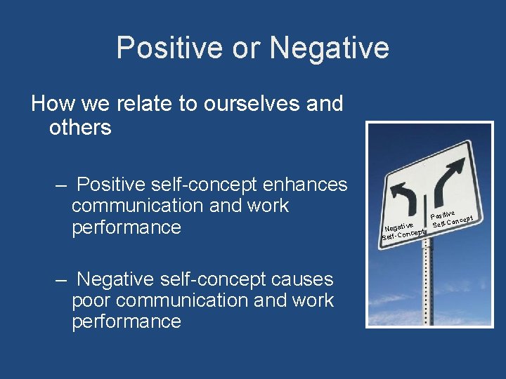 Positive or Negative How we relate to ourselves and others – Positive self-concept enhances